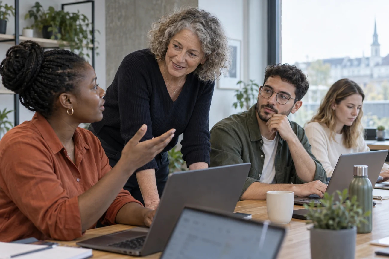 Formatrice accompagnant une petite équipe autour d'ordinateurs portables